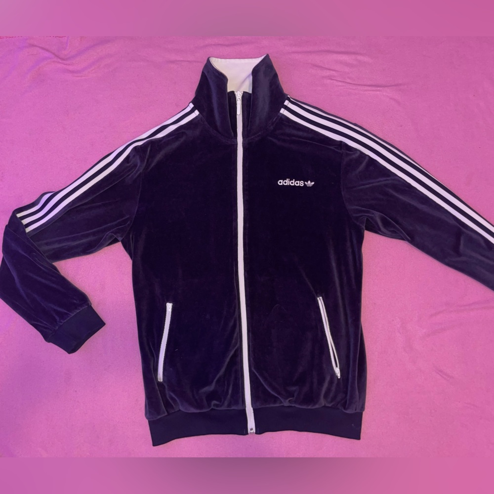 NAVY BLUE VELOUR ADIDAS TRACK JACKET WOMENS MEDIUM